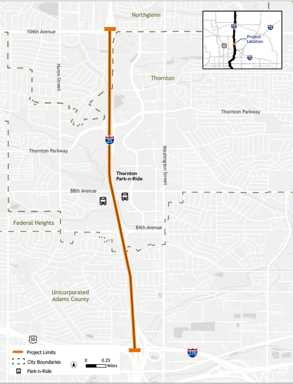 Map of project limits showing I-25 from US 36 to 104th Avenue in Adams County Map of project limits showing I-25 from US 36 to 104th Avenue in Adams County
