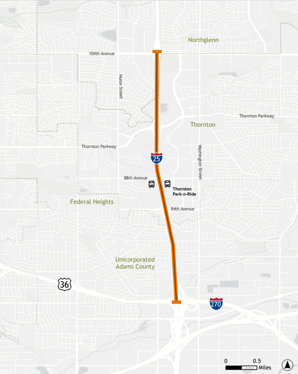Map showing the project area on I-25 from US 36 to 104th Avenue