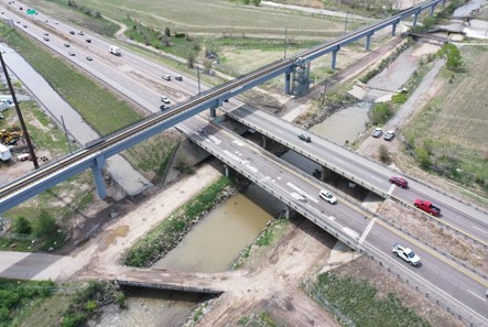 Aerial photo of the many instances of I-270 bridge deck patching at the Burlington Canal that necessitated expensive resurfacing. detail image