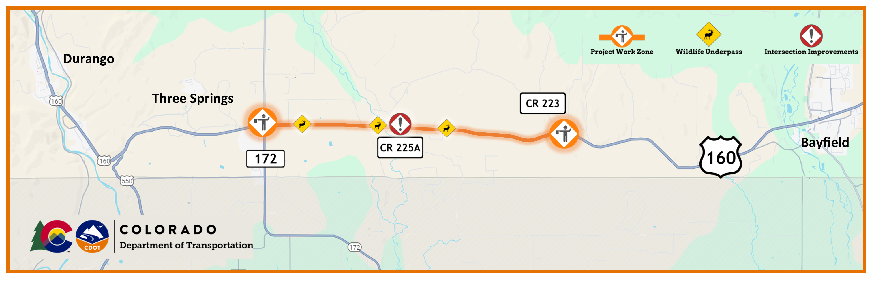 Colorado Department of Transportation map of the US  160 Elmore's East Safety and Mobility Improvements project work zone located between Colorado Highway 172 and County Road 223 . The project includes inter.png detail image
