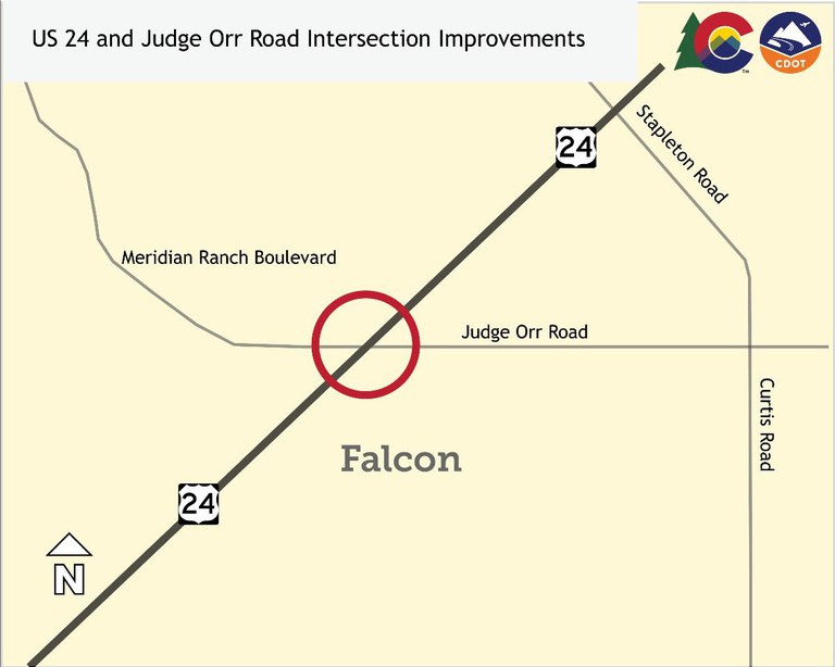Map of the US Highway 24 and Judge Orr Intersection in Falcon. Other roadways indicated include Meridian Ranch Boulevard, Stapleton Road and Curtis Road.