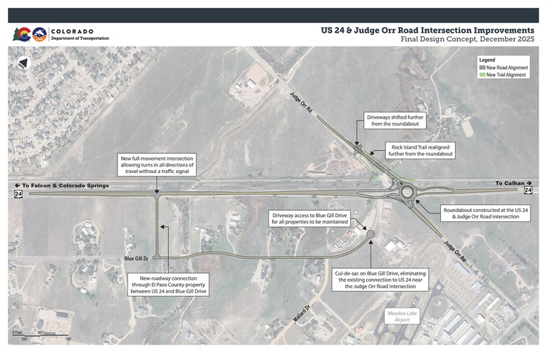 Aerial map showing design of a new roundabout at the US 24 & Judge Orr Road intersection, a new full-movement intersection allowing turns in all directions of travel without a traffic signal approximately one-half mile to the southwest of the existing intersection, and a cul-de-sac on Blue Gill Drive's northern extent.