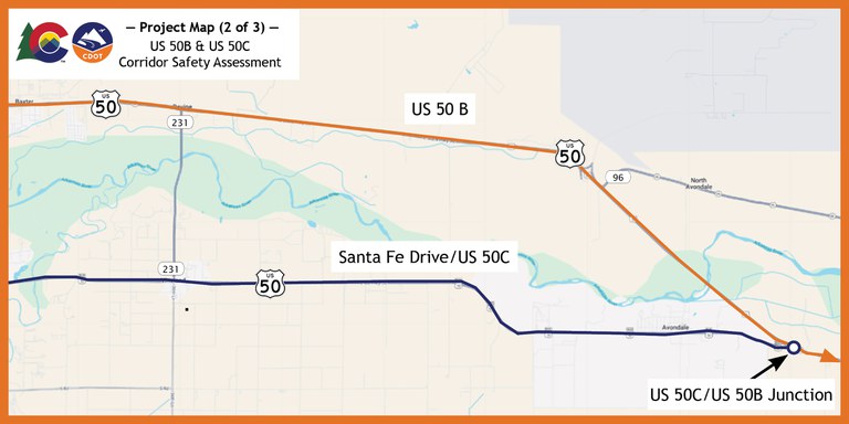 Project Map 2: US Highway 50B project zone from CO Highway 231 to Junction of US 50B and US50C. US Highway 50C project zone from CO Highway 231 to Junction of US 50B and US50C.