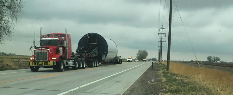 Oversized load on US 50B prohibits traffic from passing easily and safely