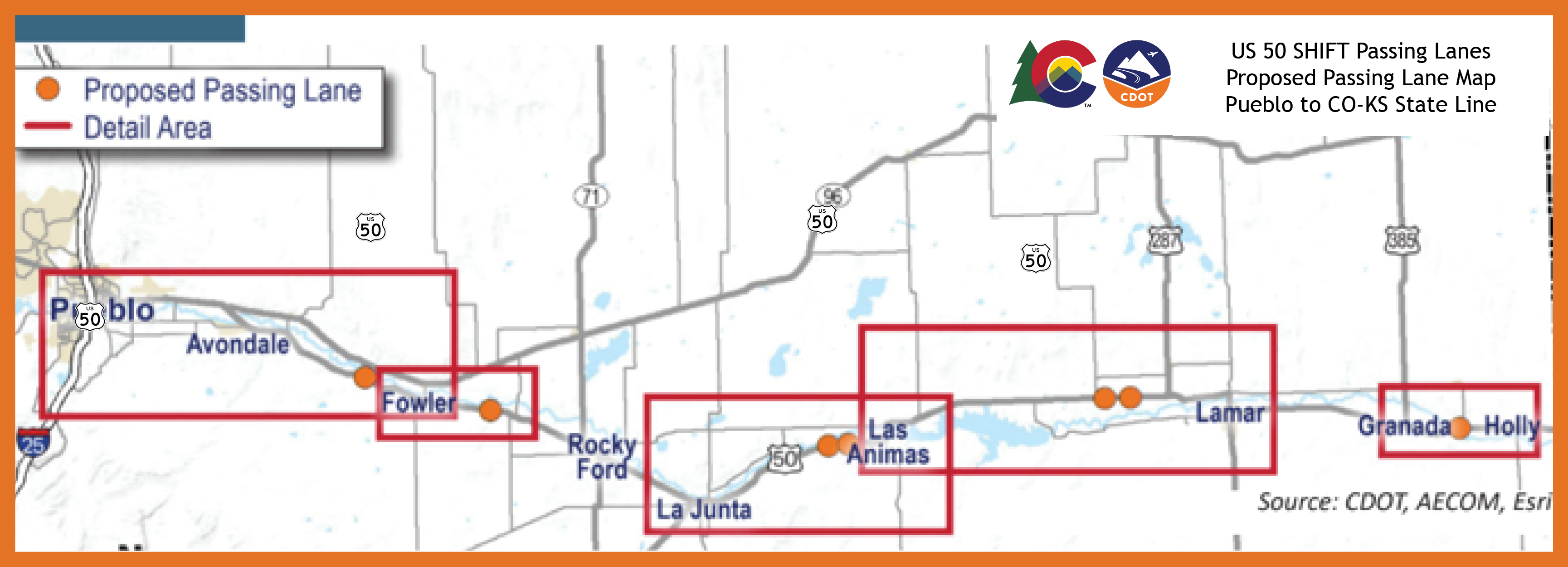 US 50 SHIFT Proposed Passing Lanes from Pueblo to the Colorado/Kansas State Line Map.jpg detail image