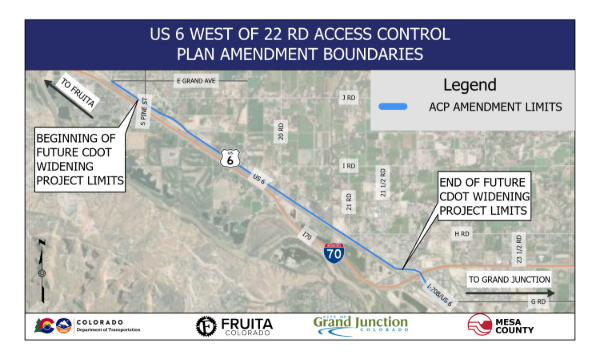Aerial map showing the US 6 corridor between S. Pine St (west toward Fruita) and G Rd (east toward Grand Junction), with the ACP Amendment Limits and the CDOT future widening project boundaries shown.