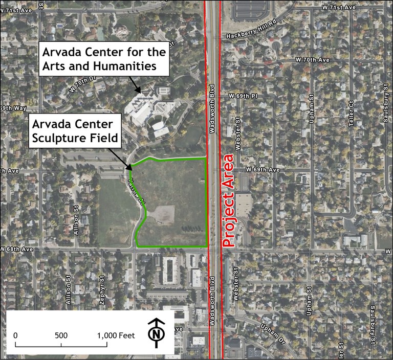 Map showing the general locations of the Arvada Center for Arts and Humanities and the sculpture field to the south, in relation to the project limits along Wadsworth Boulevard. 