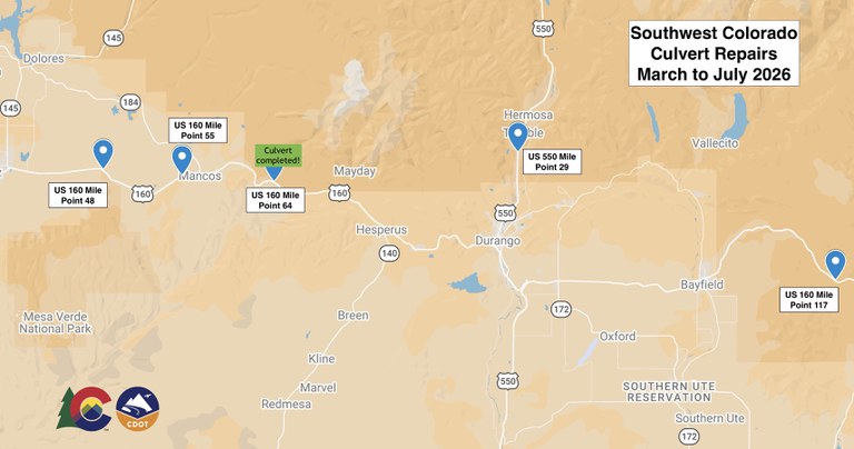 Map of the Southwest Colorado Culvert Repairs project locations