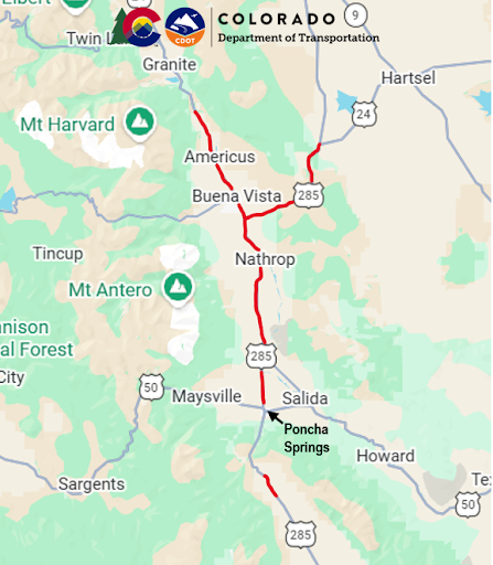 Map showing roadwork locations on CO 145, US 160, US 550, and US 50
