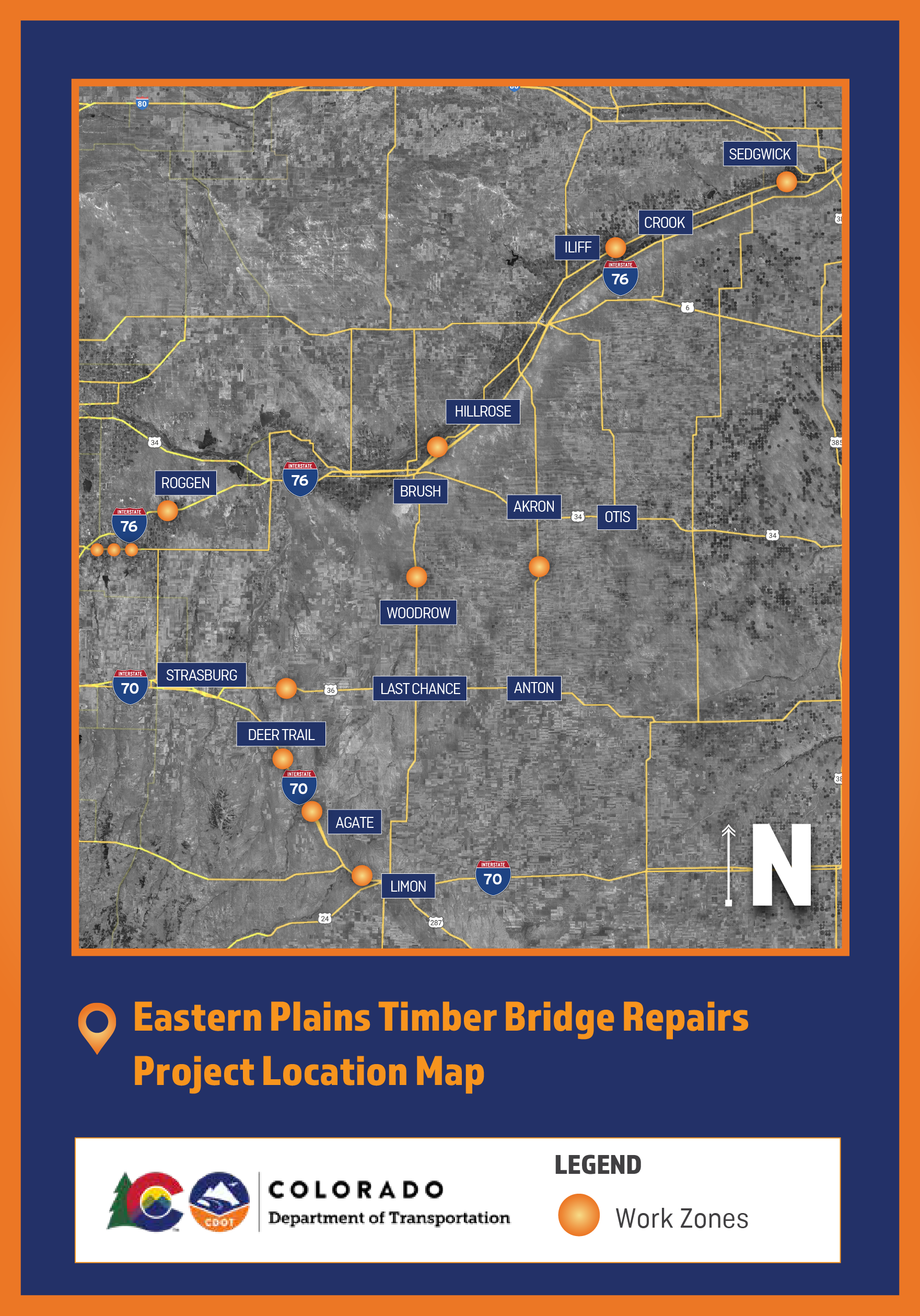 Map showing the various locations of the Eastern Plains Timber Bridge repairs in northeastern Colorado