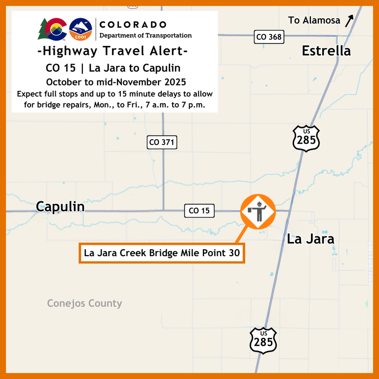 Location map of the CO 15 La Jara timber bridge repairs (MP 30) located northwest of La Jara