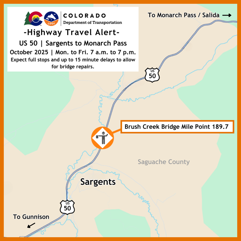 Location map of the US 50 Brush Creek timber bridge repairs (MP 189.7) between Sargents and Salida