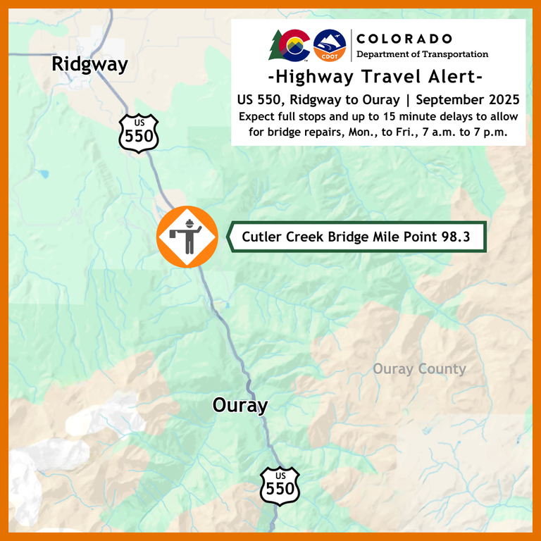 Location map of the US 550 Cutler Creek timber bridge repairs (MP 98.3) between Ouray and Ridgway