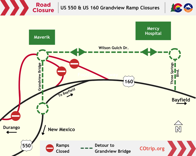 Map of the overnight exit and entrance ramp closures scheduled to begin August 16 at the US 550 - US 160 Grandview Interchange.