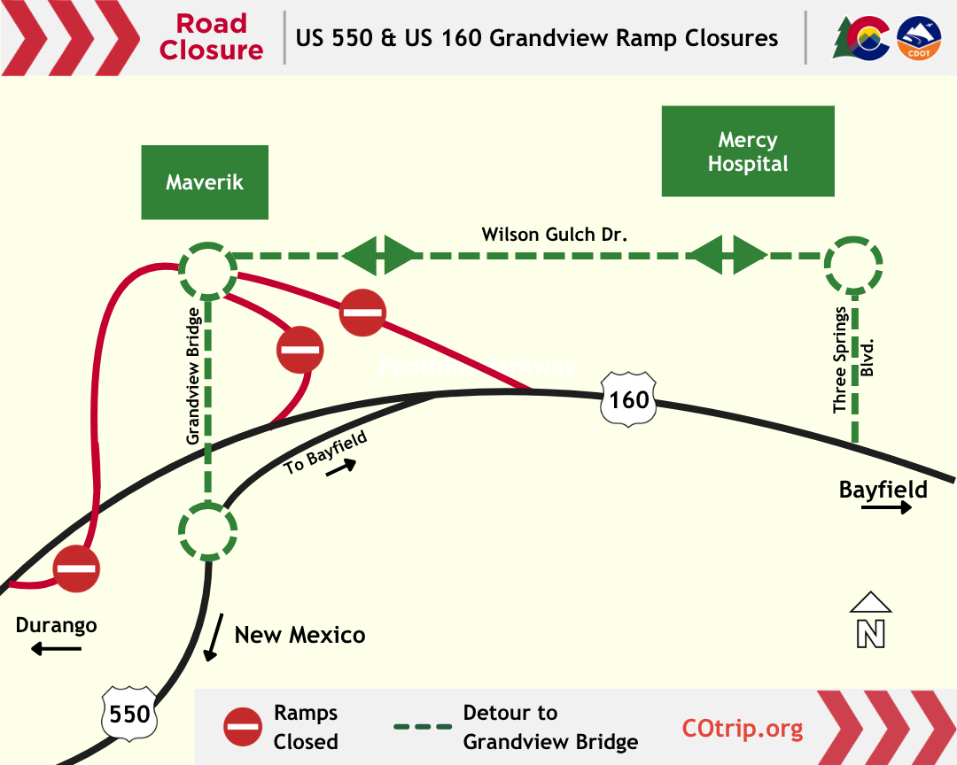 US 160 Resurfacing Durango to Elmores Corner Grandview Interchange Closure Detour map.png detail image
