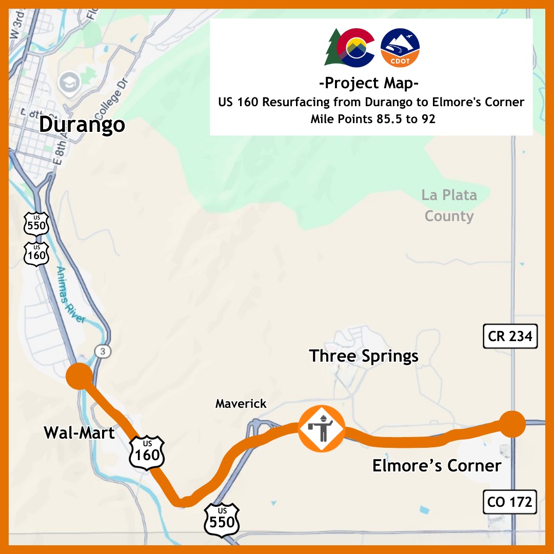 US 160 Resurfacing Project map from Durango to Elmore's Corner.jpg detail image