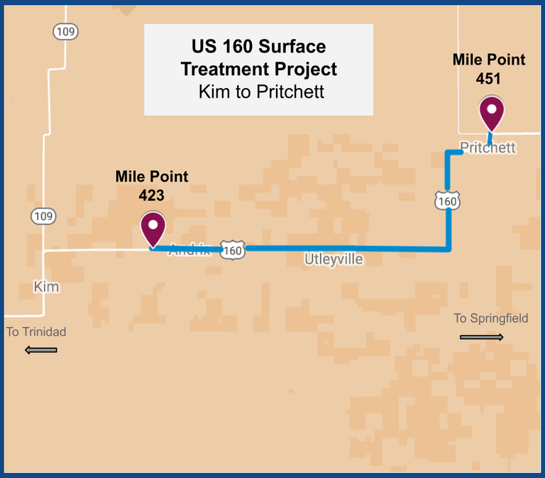 Map of US 160 in Las Animas and Baca Counties specifying work zone for resurfacing project - mile point 423 to Mile Point 451.