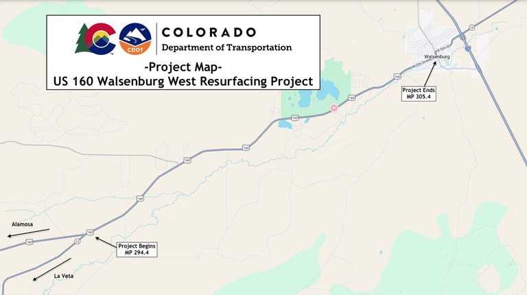 Map of the US 160 Walsenburg West Resurfacing project