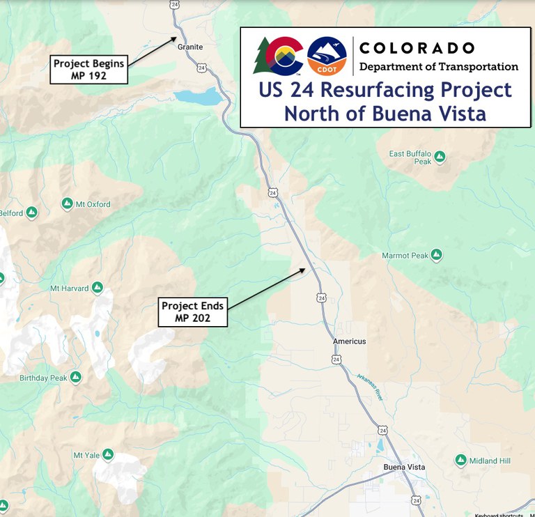 Map of US 24 Resurfacing North of Buena Vista project location starting from MP 192 to MP 202
