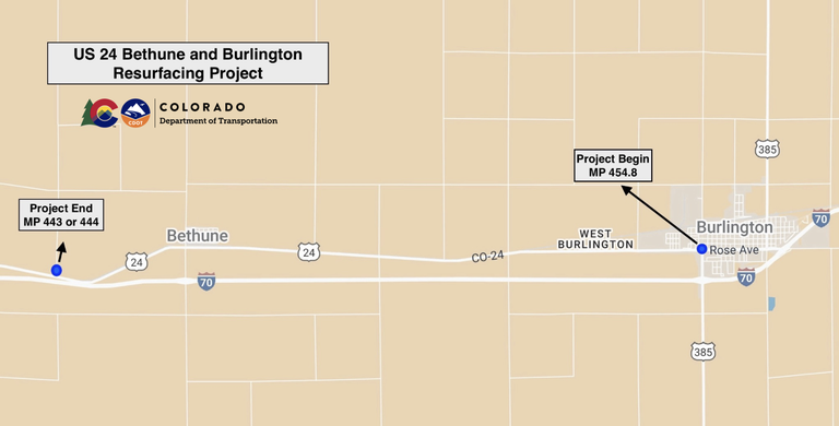 Map of the US 24 resurfacing project location from Burlington (MP 454.8) to Bethune (MP 443-444)
