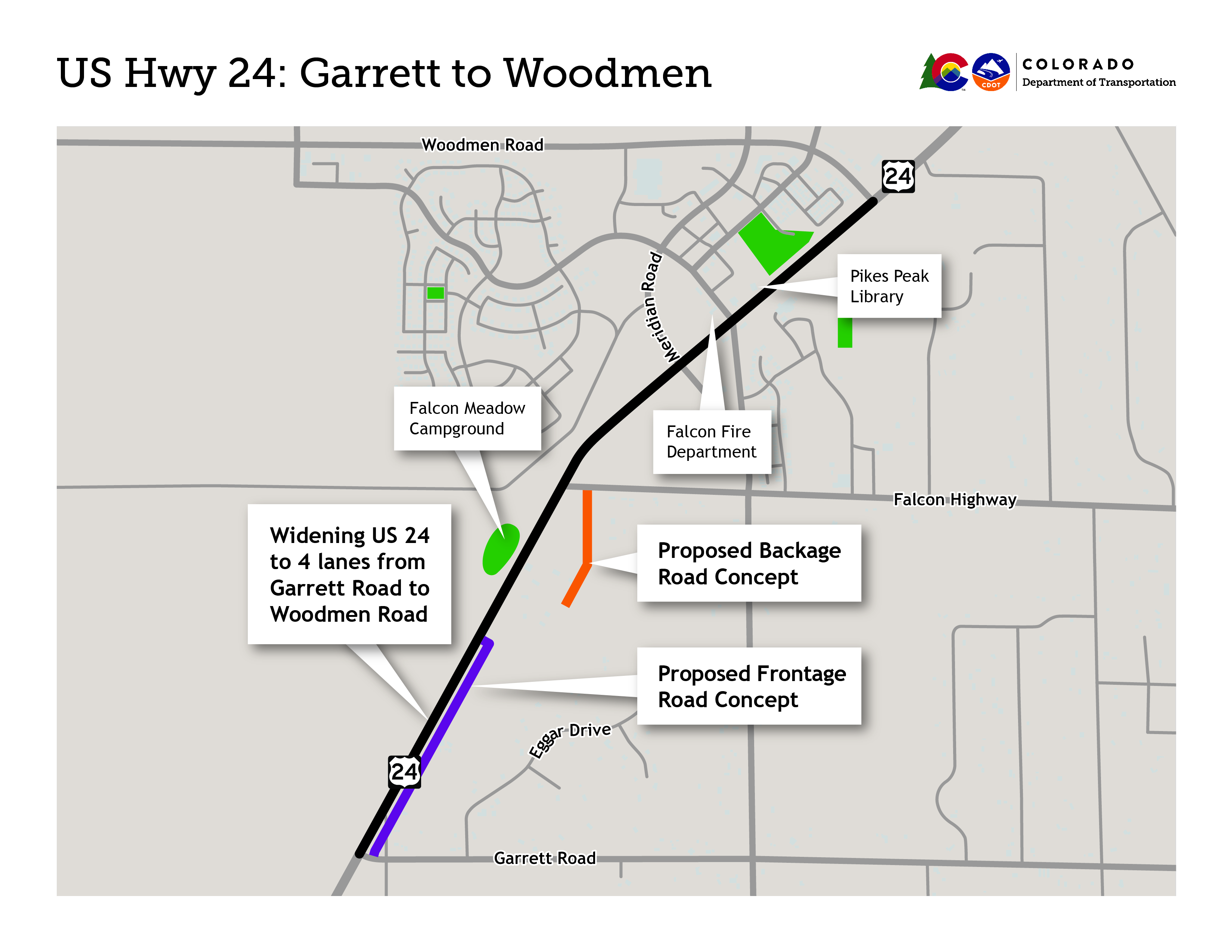 US 24 Corridor Improvements Project Area Map : US Highway 24: Garrett to Woodman project area map that shows the project limits, the proposed Frontage Road Concept on the southern portion of the project area and the proposed Backage Road Concept off of Falcon Highway in the middle portion of the project area.