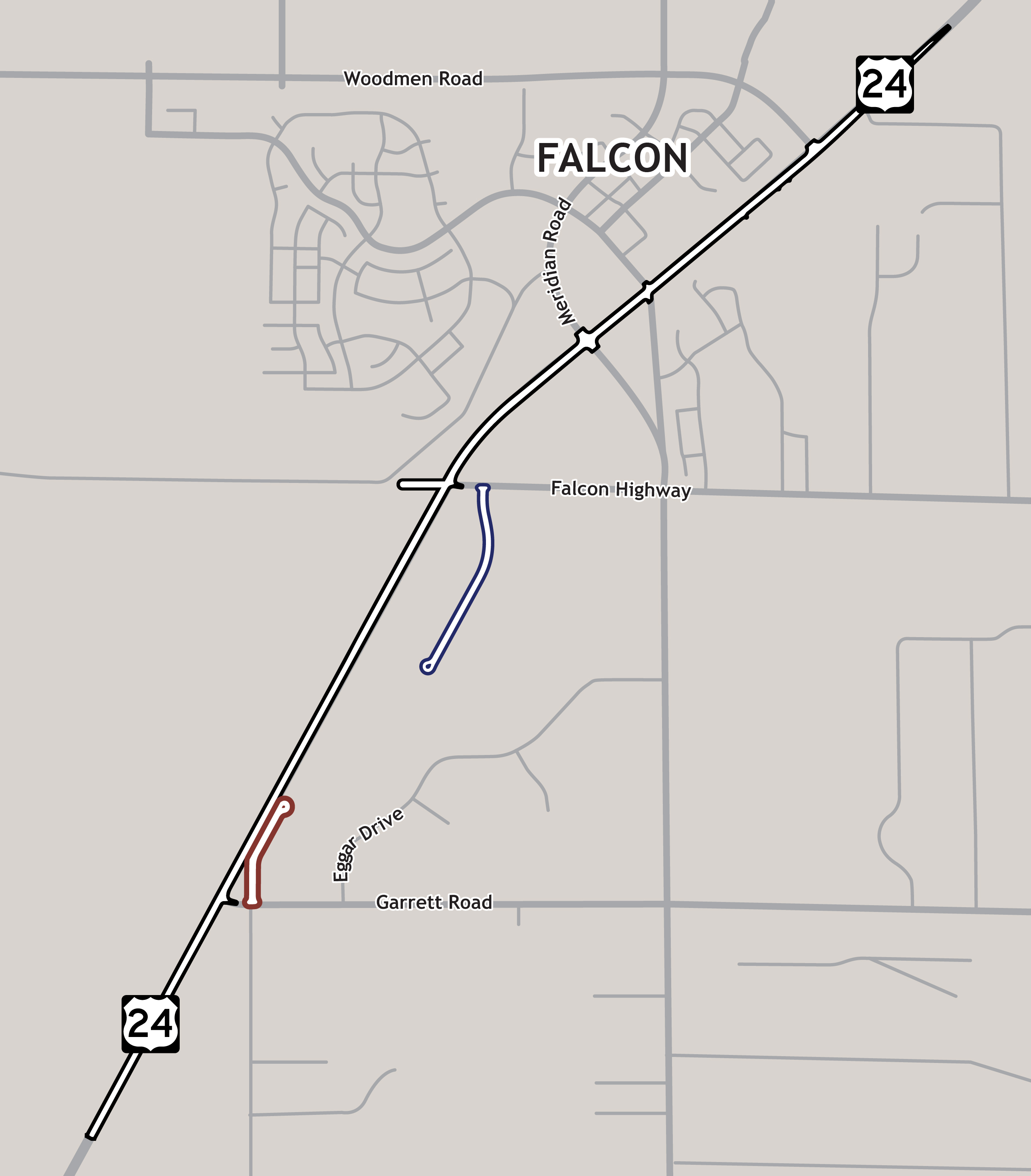 US Highway 24: Garrett to Woodman project area map that shows the project limits, the proposed Frontage Road Concept on the southern portion of the project area and the proposed Backage Road Concept off of Falcon Highway in the middle portion of the project area.