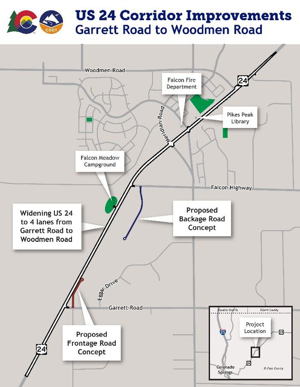 Map of US 24 outlining the project area for the US 24 Corridor Improvements Garrett Road to Woodmen Road