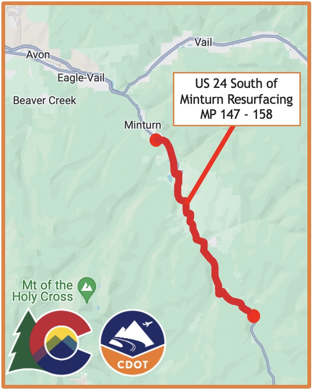 Map of US 24 South of Minturn Resurfacing Project work zone located between Mile Points 147 and 158