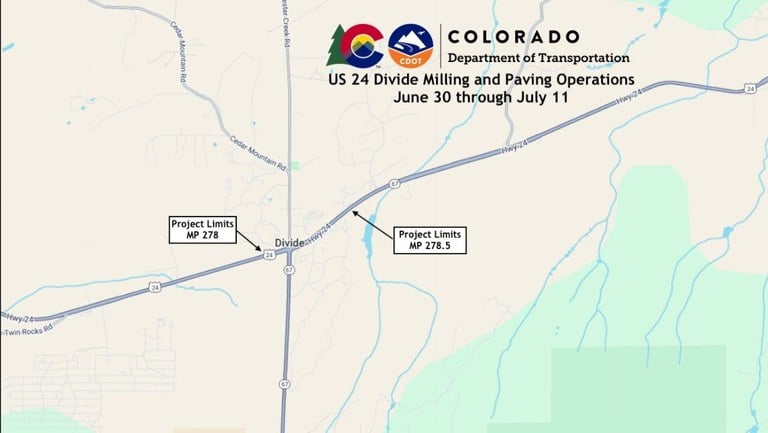 Map of US 24 and CO Highway 67 at Divide indicating the limits of the US 24 Divide Milling and Paving Operations June 30 through July from Mile Point 278 to 278.5 Map of US 24 and CO Highway 67 at Divide indicating the limits of the US 24 Divide Milling and Paving Operations June 30 through July from Mile Point 278 to 278.5 limiting business access.