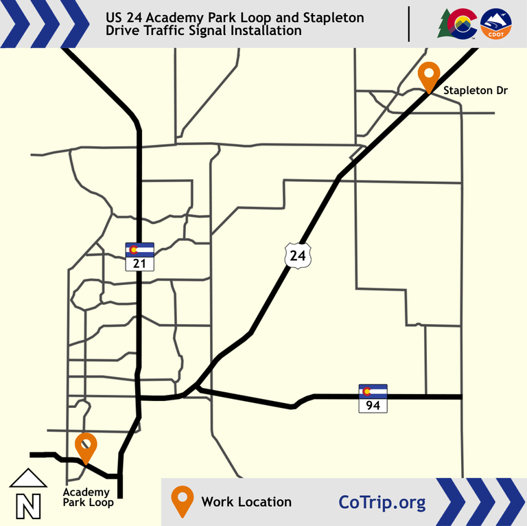 Map showing the project working locations on US 24, one at Academy Park Loop and the other at Stapleton Road.