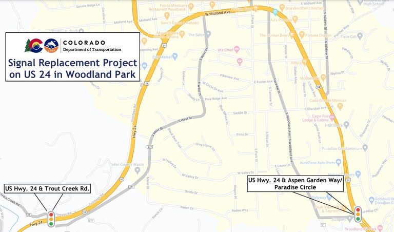 Map showing the location of the US 24 Signal Replacement project in Woodland Park
