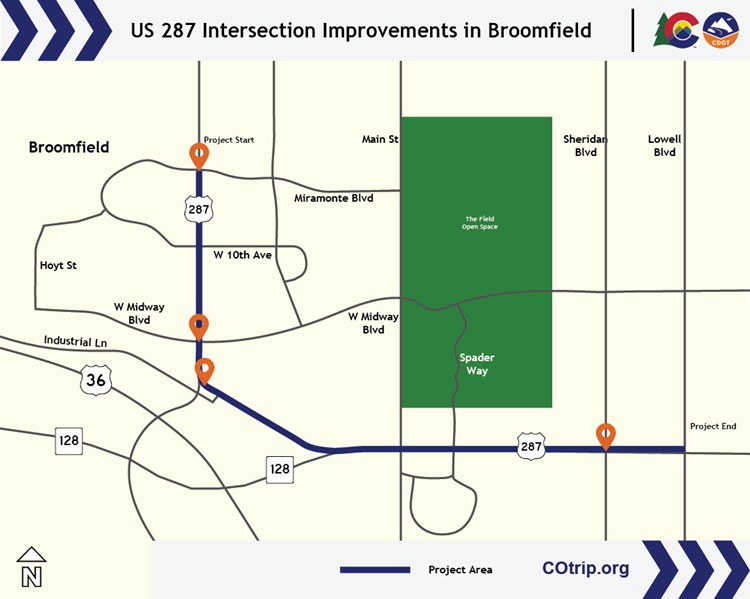 Map of locations and limits of construction for the US 287 Intersection Improvements project in Broomfield County.