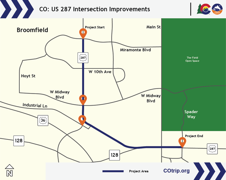 Map of locations and limits of construction for the US 287 Intersection Improvements project in Broomfield County.