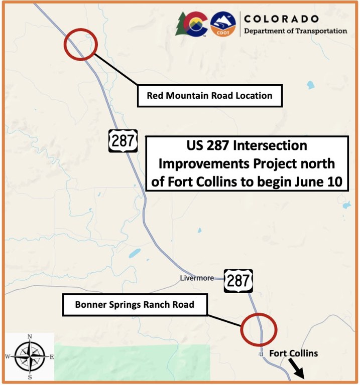 Project map showing the work along US 287 near Livermore from Red Mountain Road to Bonner Springs Ranch Road spanning from Milepost 362 to 375.