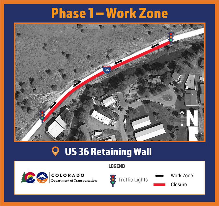 Map showing US 36 closure for retaining wall installation