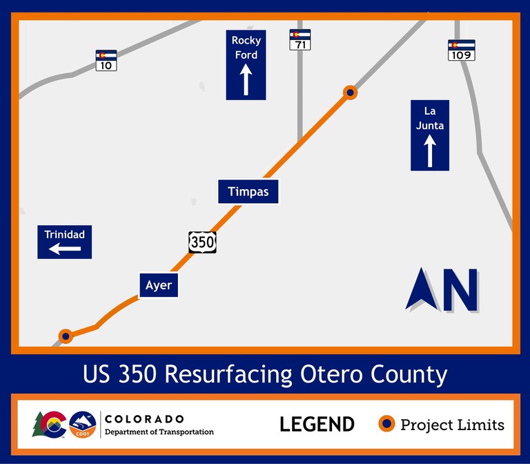 Map of the US 350 Resurfacing Project limits in Otero County, from MP 45.7 to MP 64.7