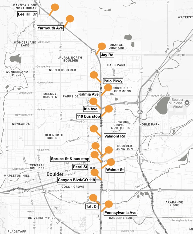 Curb ramp replacement work zones in the City of Boulder. Refer to the list of ramp work locations under the About the Project section on this page.