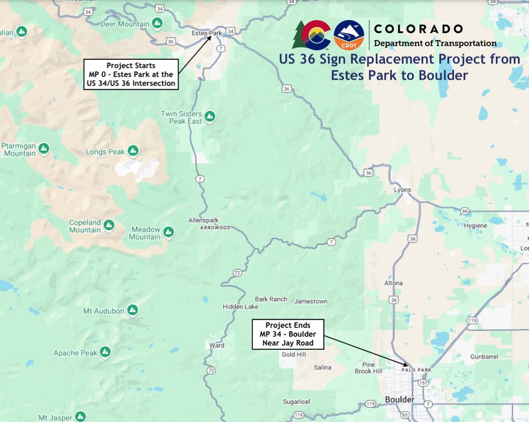 Project Map of US 36 Sign Replacement Project from Estes Park to Boulder