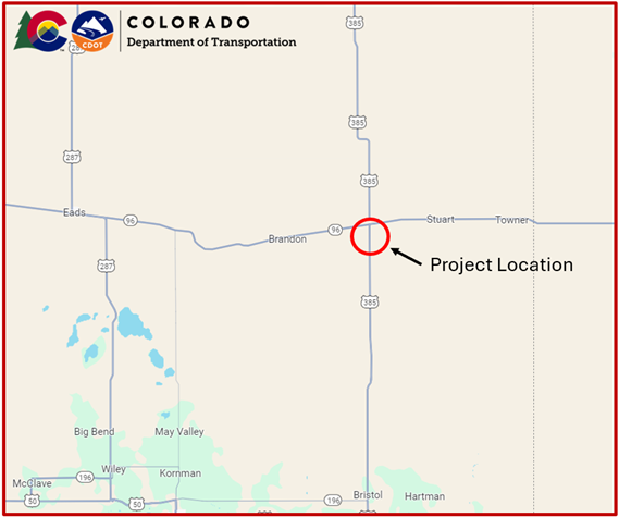 Map of Prowers County identifying work zone at US 385 near CO 86