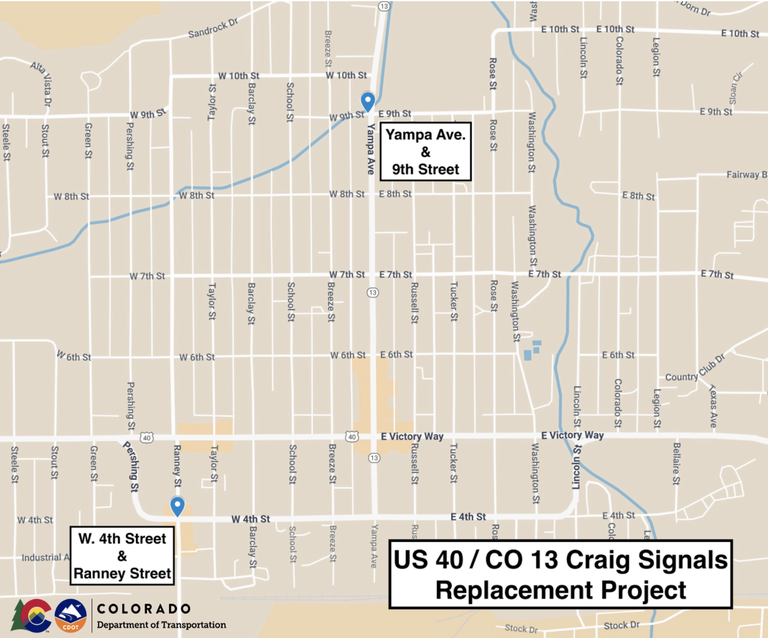 Map of the US 40/CO 13 Signals Replacement project in Craig Map of the US 40/CO 13 Signals Replacement project in Craig