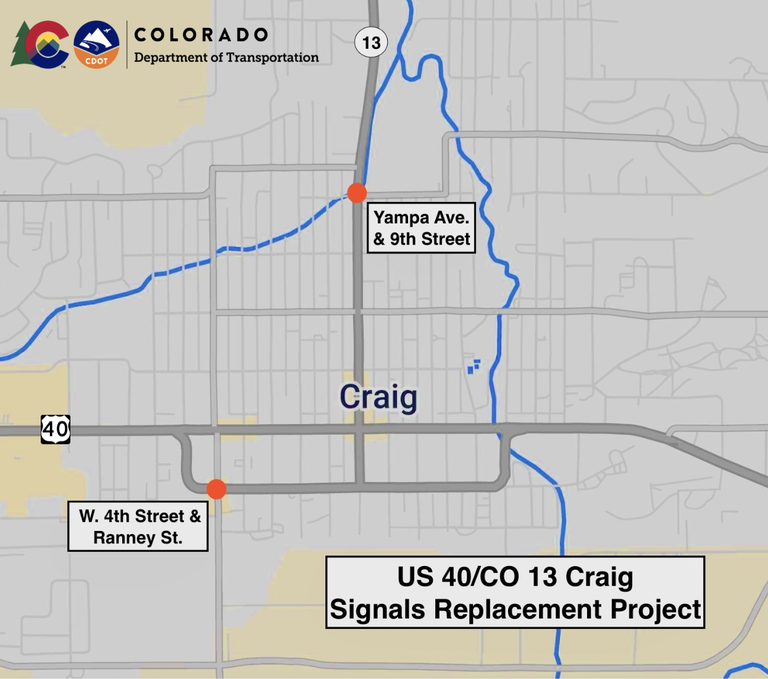 Map of the US 40/CO 13 Signals Replacement project location in Craig Map of the US 40/CO 13 Signals Replacement project location in Craig