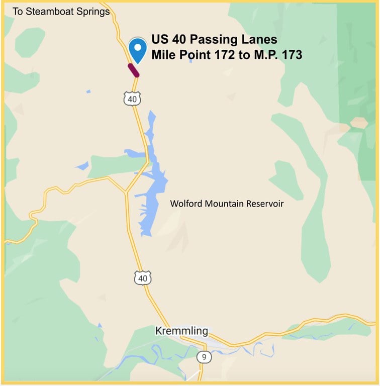 Map showing the location of the US 40 Passing Lanes project at Mile Points 172 to 173 in Grand County on US Highway 40