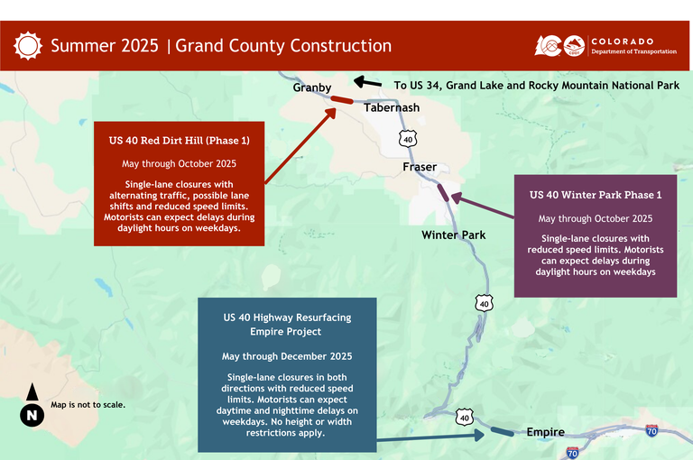 Map of Summer 2025 construction projects along US 40 Mountain Corridor in Grand County Map of Summer 2025 construction projects along US 40 Mountain Corridor in Grand County