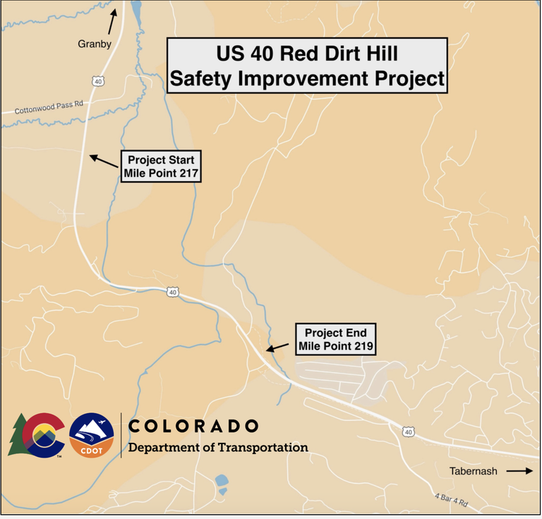 Map of US 40 Red Dirt Hill Improvement project between Granby and Tabernash Map of US 40 Red Dirt Hill Improvement project between Granby and Tabernash