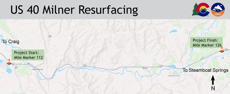 The map shows the 14 miles along US 40 near the Town of Milner that will receive roadway resurfacing.