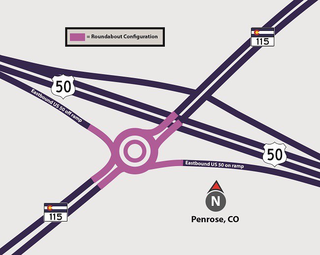 Graphic representation of the proposed roundabout at the south side of CO 115, intersecting the eastbound US 50 ramps.