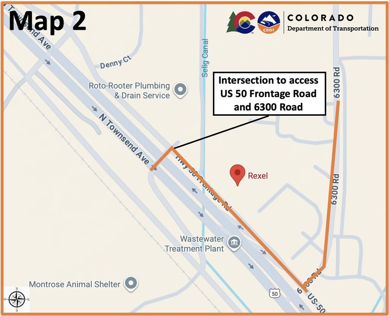Map showing access to and from 6300 Road in relation to the US 50 culvert replacement project.