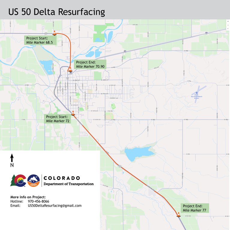 The map shows the locations of the resurfacing project at the north and south ends of Delta, with US 50 through main street not affected for this phase of the project.