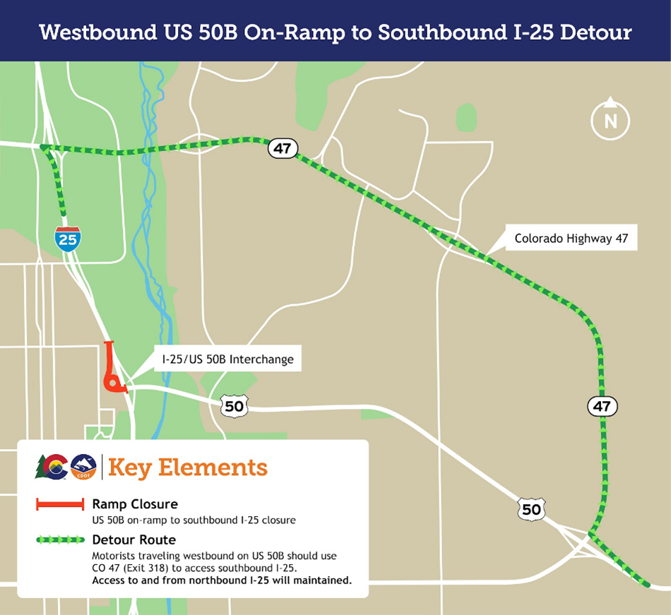 Detour map for westbound US 50B to southbound I-25.png detail image