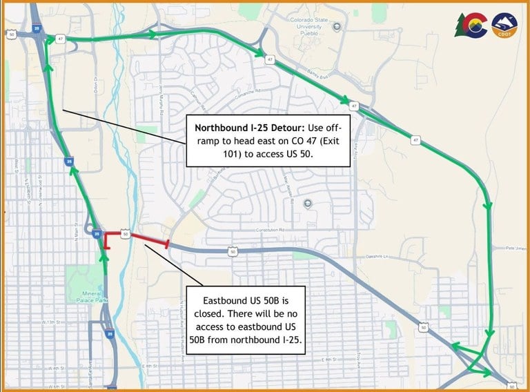 Northbound I-25 to US 50B Detour: US 50B/CO 47 off-ramp and travel east on CO 47 (Exit 101) to access US 50.